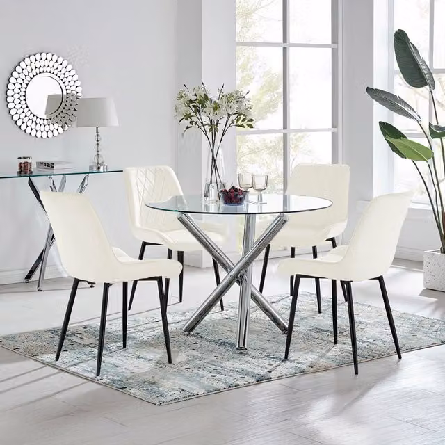 FurnitureboxUK Selina Round Glass Dining Table with Four Pesaro Black Leg Chairs in Beige