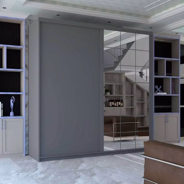 Sliding Wardrobes 4U Cubbix Single Mirror Sliding Door Wardrobe in Grey, W/H: 200 x 217 cm