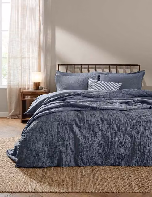 YARD Hebden Blue Pure Cotton Seersucker Bedding Set, W: 180 cm x L: 200 cm