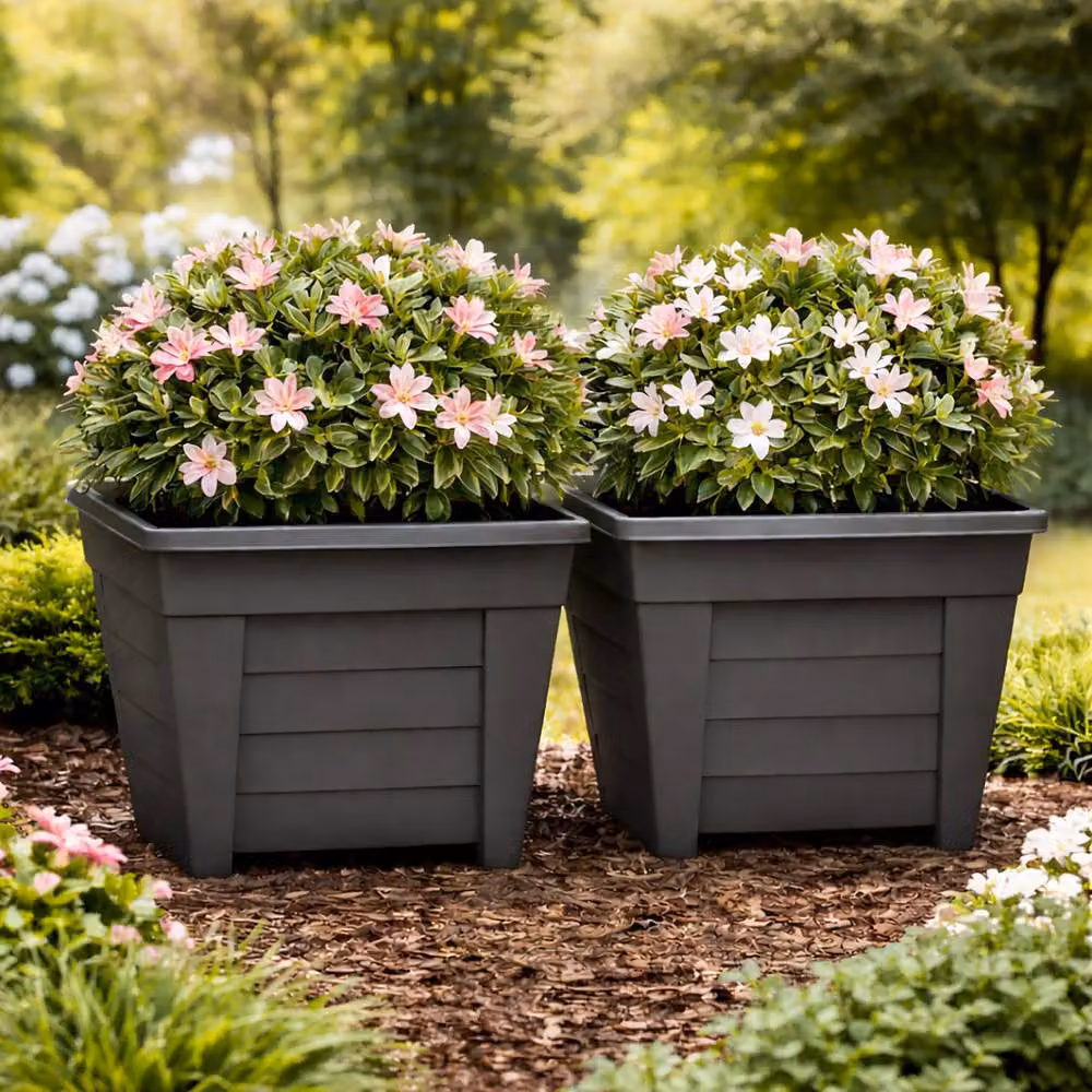Simpa Grosvenor Square Plastic Garden Planter Tubs, Black, Set of 2, 33 cm – 2