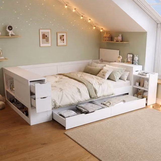 Merax White Wooden Childrens Cabin Daybed with Storage Drawers, W/D/H: 140 x 200 x 135 cm