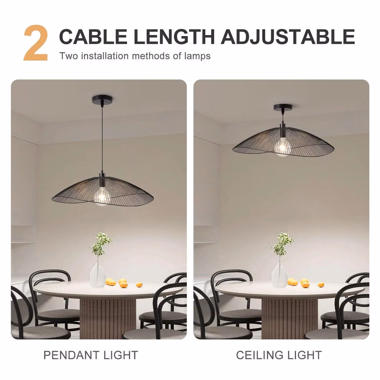 Harper Living Contemporary Large Black Metal Pendant Ceiling Light with Curved Thread Shade, Diameter: 80 cm – 3