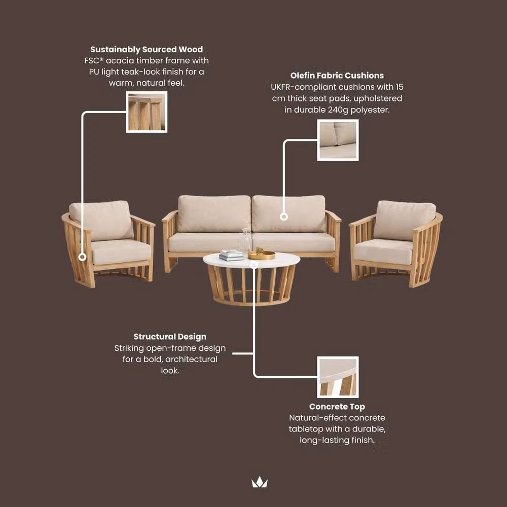 Royalcraft Lucca 5-Seater Acacia Wood Garden Lounging Set with Coffee Table and Beige Cushions in Natural – 4