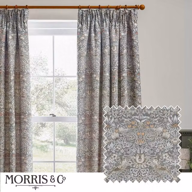 Morris & Co. Strawberry Thief Jacquard Floral Pencil Pleat Room Darkening Curtains, Beige, Width: 229 cm, Drop: 183 cm – 1