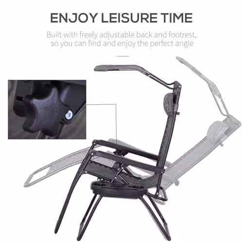 Outsunny Grey Zero Gravity Foldable Reclining Garden Chair with Sun Canopy, Adjustable Headrest and Side Tray – 6