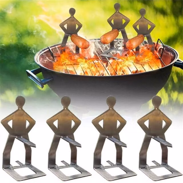FLAVORA Funny Man Shape BBQ Sausage Grill Holder in Silver Metal, W/D/H: 15.0 x 15.0 x 5.5 cm