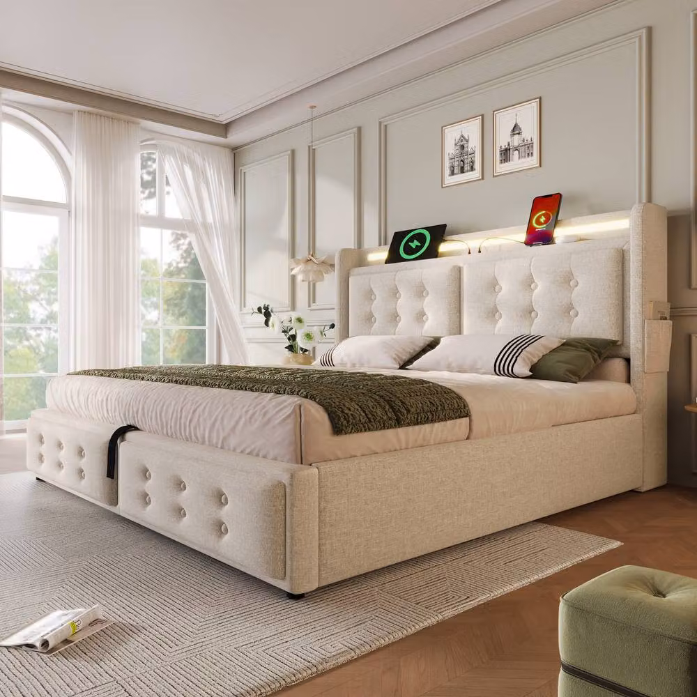 Rolipo Beige Linen Double Ottoman Storage Bed with LED Lighting and USB Charging Port, W/D/H: 140 x 200 x 135 cm – 6