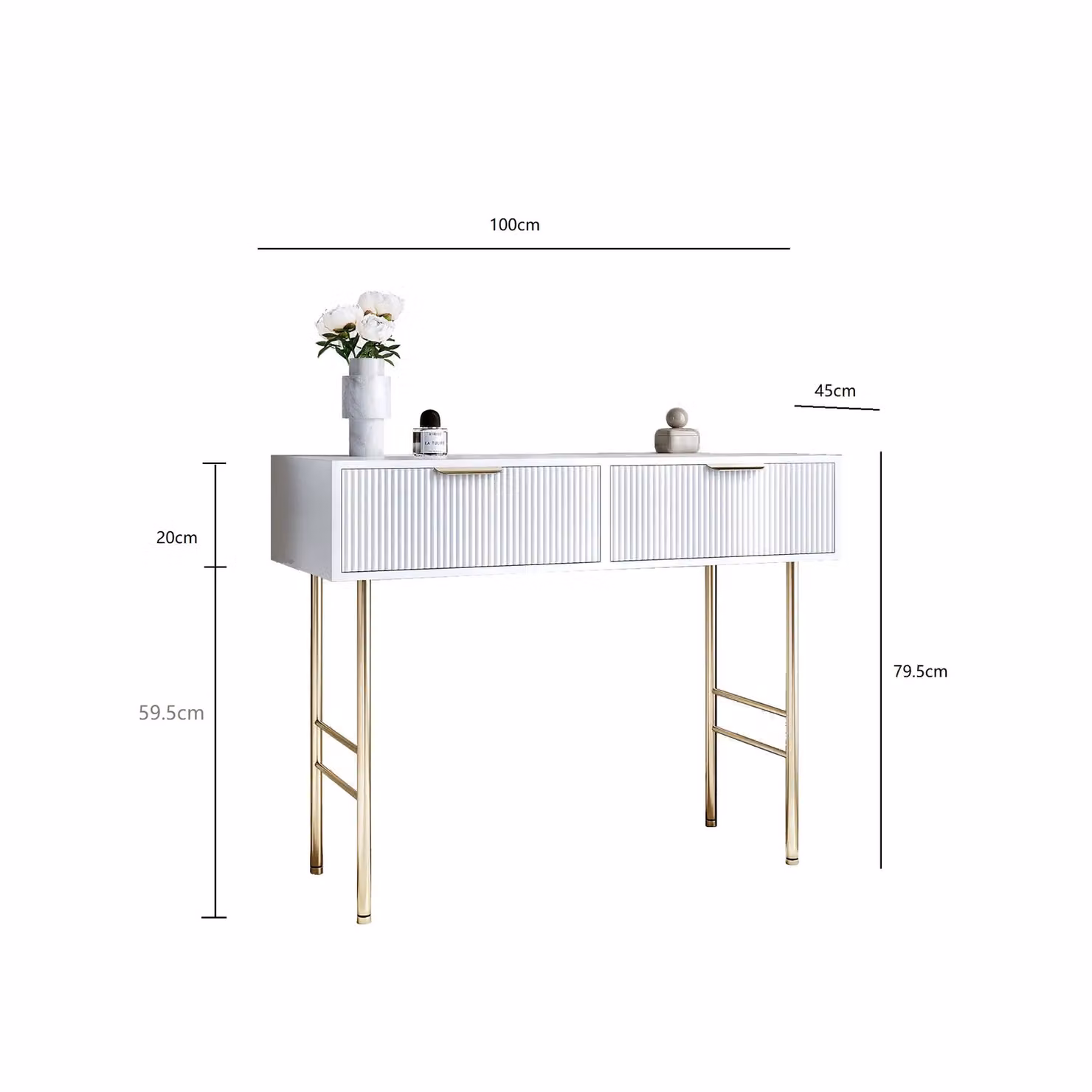 Carme Home Esme White Dressing Table with Ribbed Drawers and Gold Accents – 3