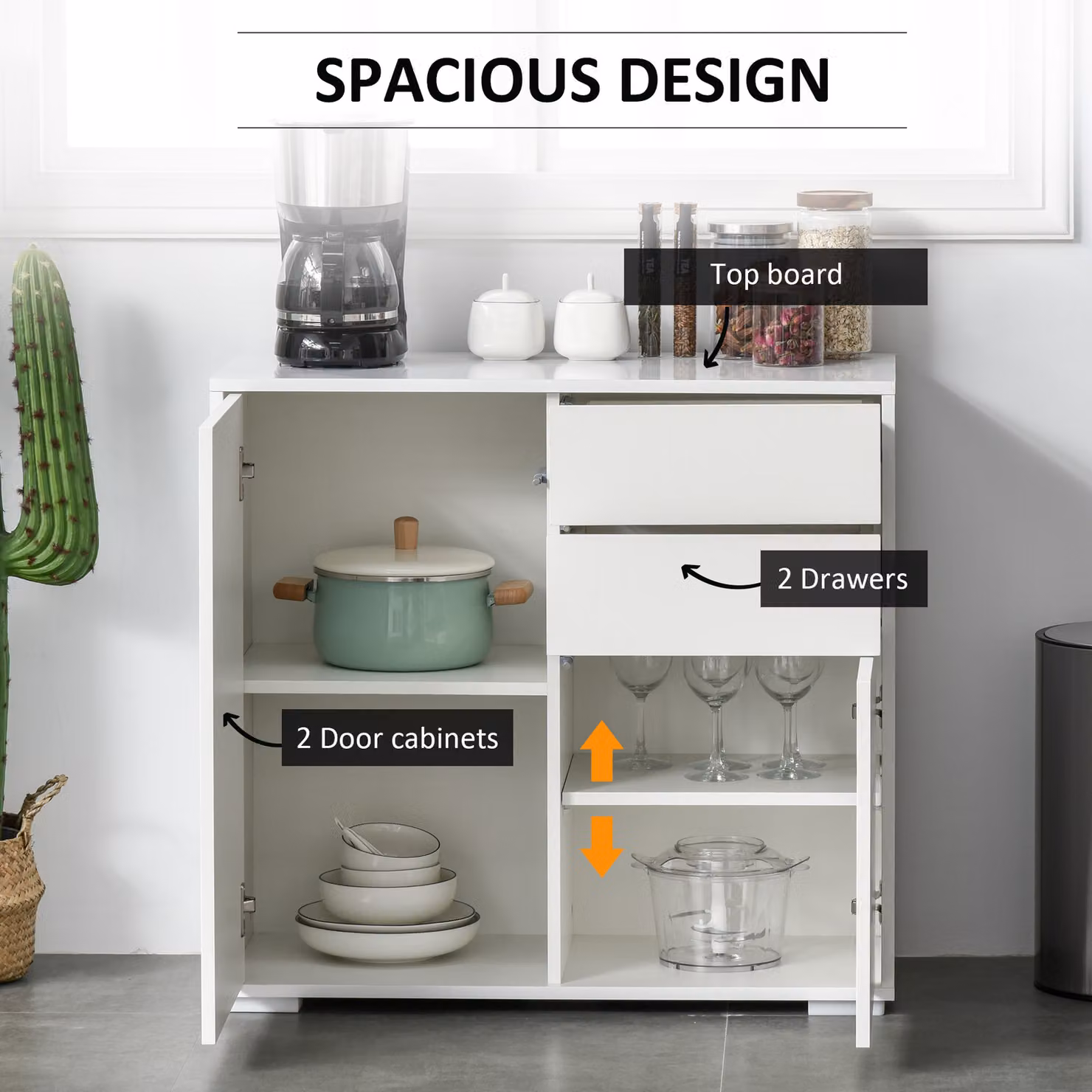HOMCOM Modern White Glossy Push-Open Storage Cabinet with 2 Drawers and 2 Doors – 3