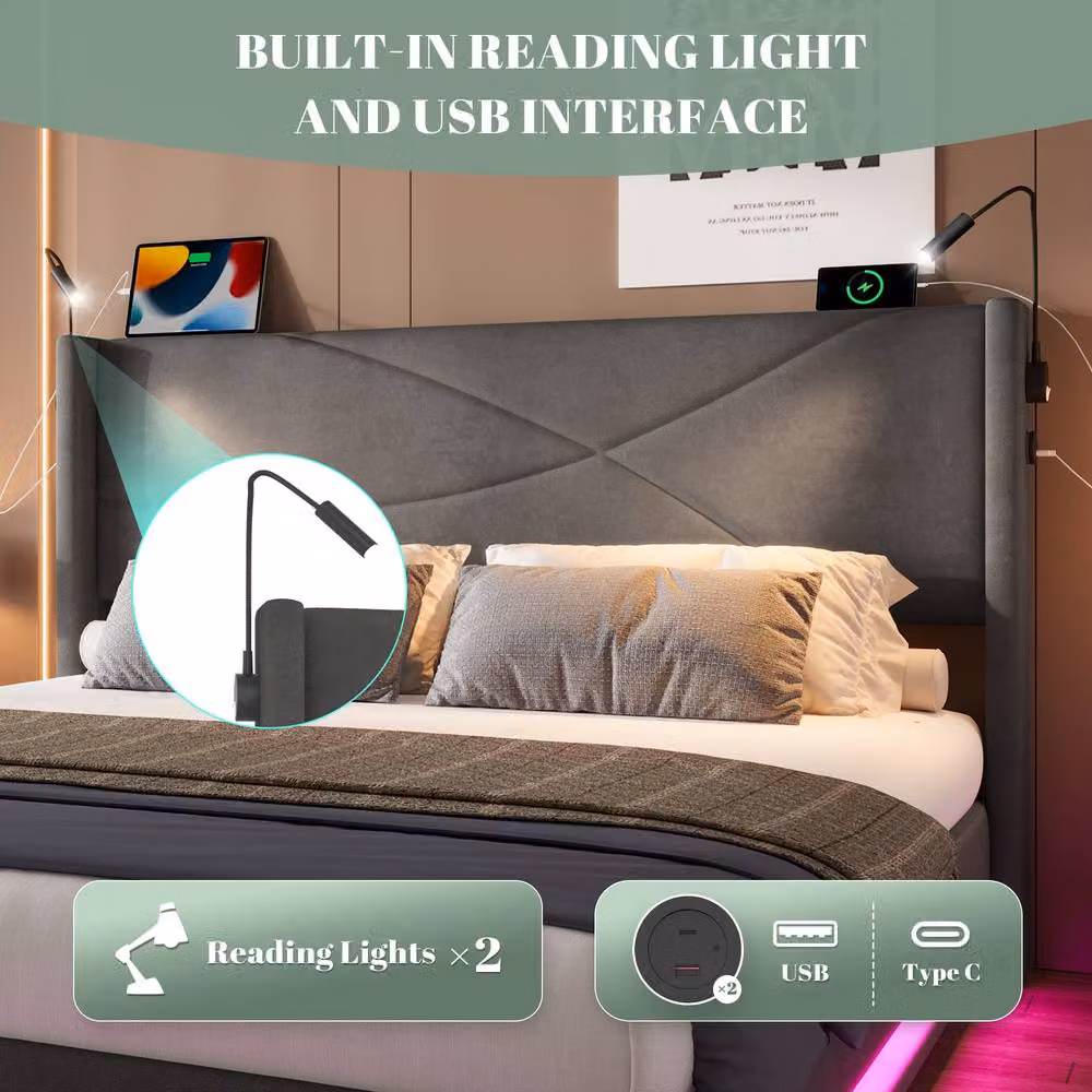 Matteo Modern Dark Grey Velvet King Bed Frame with Lift Up Storage, Integrated Reading Lights, Under Bed Lighting and USB Charging Ports, W/D/H: 180 x 200 cm – 3