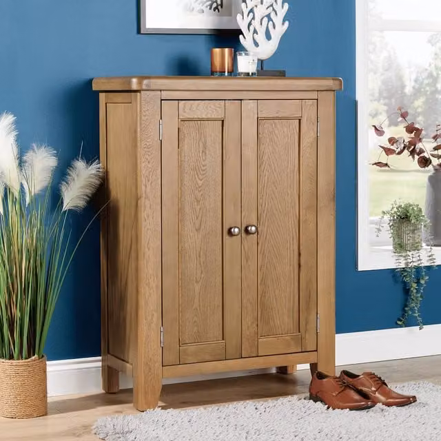 Home Source Holcombe Ready Assembled Oak 2 Door Shoe Storage Cupboard in Brown