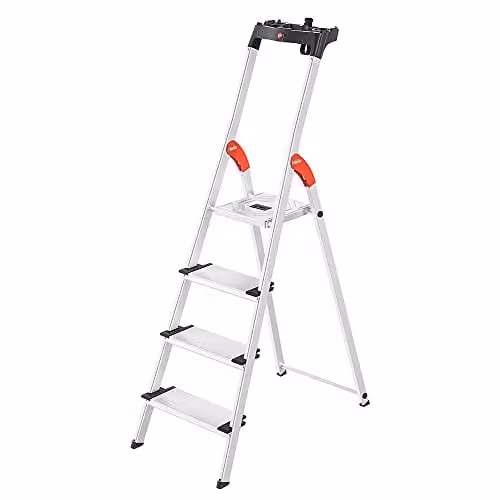 Hailo 8040-407 XXL 4-Step Aluminium Safety Ladder in Silver with Multifunction Tray and Rubber Feet – 1