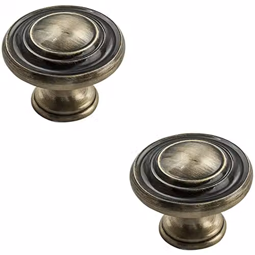 Loops 2 Pack Round Ringed Pattern Door Knobs in Antique Burnished Brass, Diameter: 32 mm – 1
