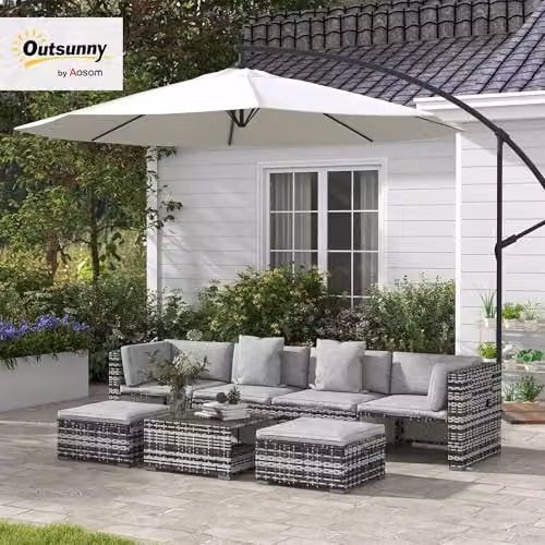 Outsunny 7 Piece Grey Rattan Garden Furniture Set with Upholstered Cushions, Ottoman and Coffee Table – 2