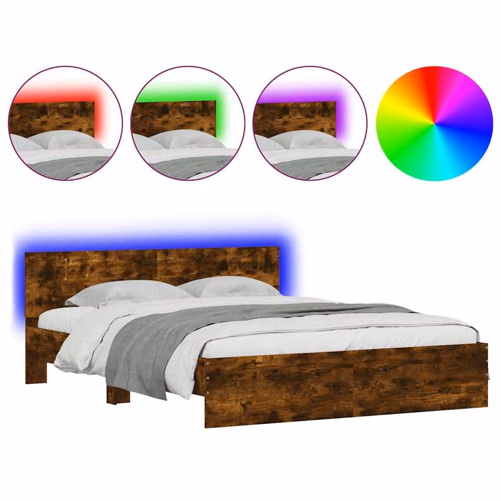 Berkfield Home Durable Bed Frame with Headboard and LED Under-Bed Lighting in Smoked Oak Brown, W/D/H: 150 x 200 x 155 cm – 2