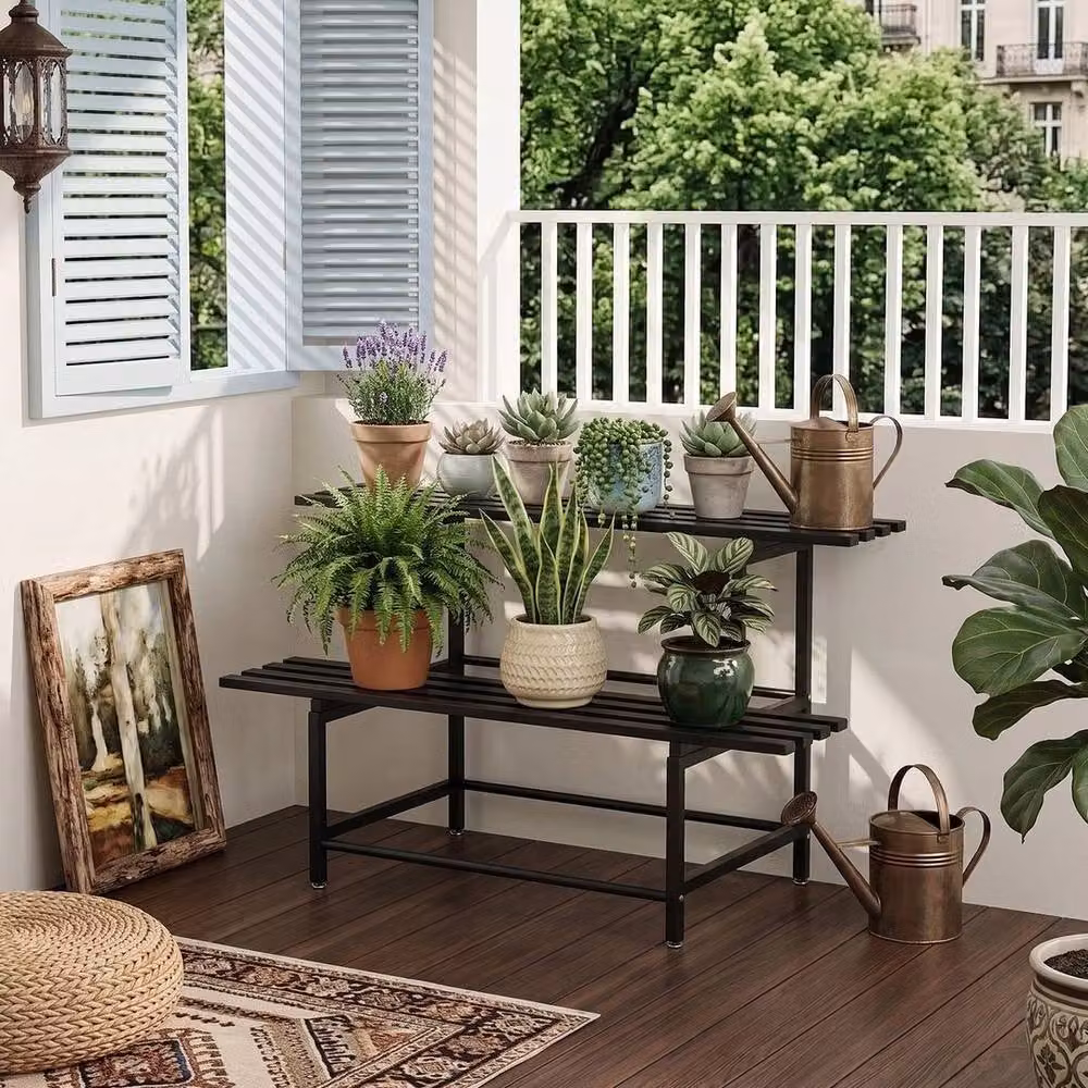 FORGEVIO 2-Tier Metal Plant Stand for Indoor Plants, Black, W/D/H: 100 x 56 x 20 cm – 4