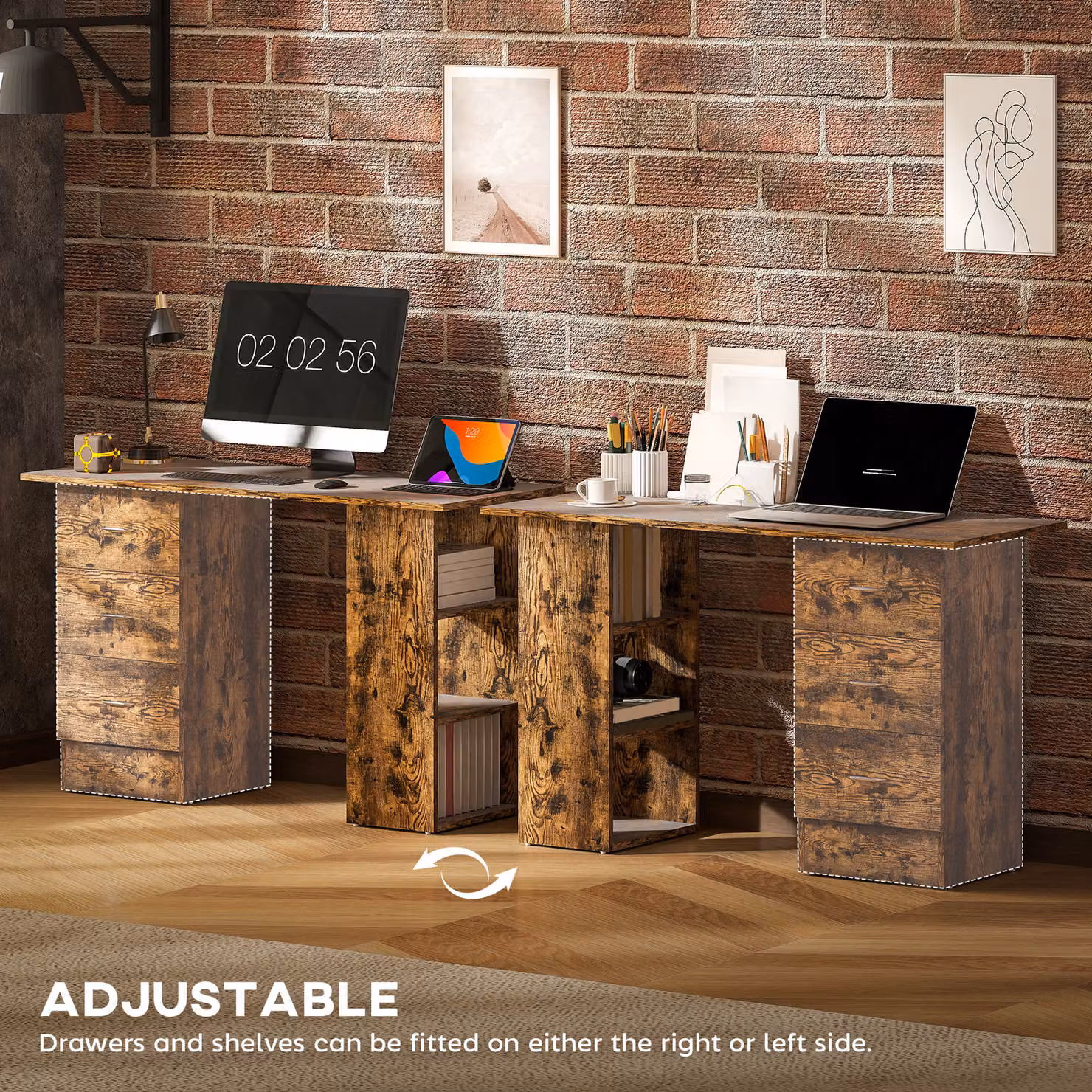 HOMCOM Rustic Brown Computer Desk and Writing Table with 3 Storage Shelves and Drawers for Home Office – 5