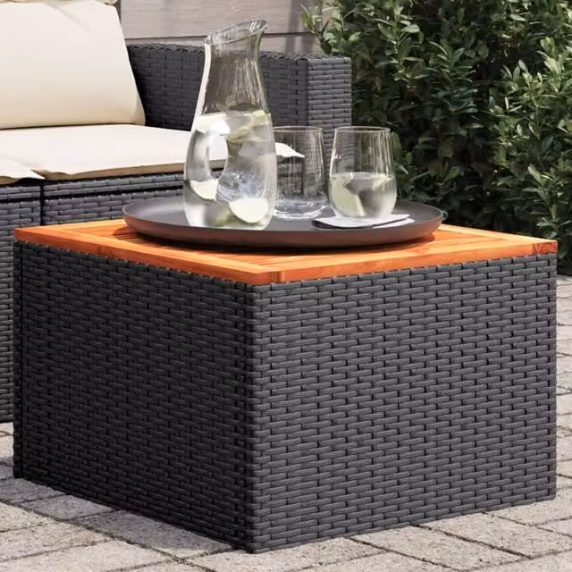 Berkfield Home Black Poly Rattan and Acacia Wood Garden Table, W/D/H: 55 x 55 x 37 cm