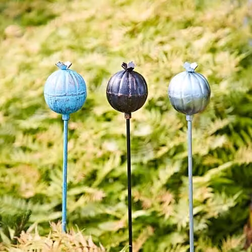 Paper High Metal Poppy Seed Head Garden Stake Decoration in Silver – 3
