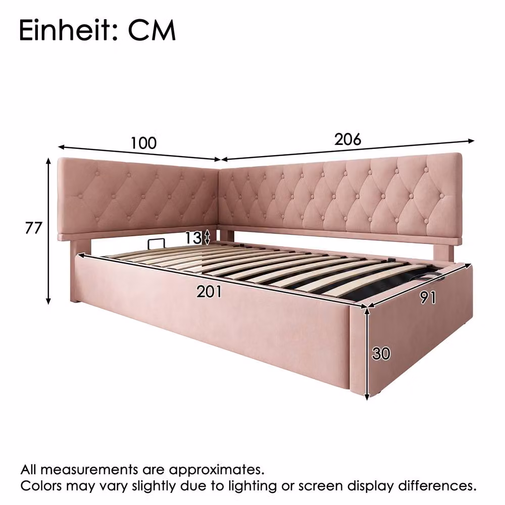 Merax L Shaped Single Sofa Daybed with Hydraulic Storage, Pink, W/D/H: 190 x 90 x 77 cm – 2
