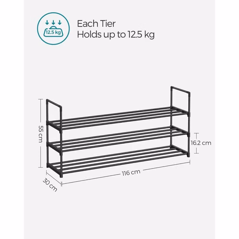 KORVIXA 3-Tier Black Metal Shoe Rack Organiser, W: 100 cm x D: 30 cm x H: 55 cm – 2