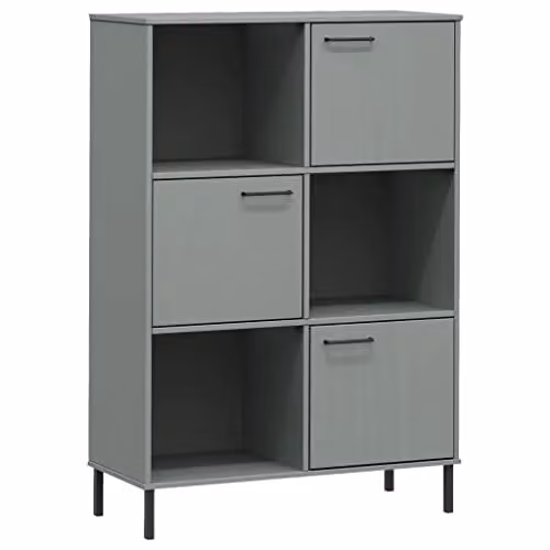 vidaXL OSLO Bookcase in Grey with Solid Pine Wood and Metal Legs, W/D/H: 90 x 35 x 128.5 cm