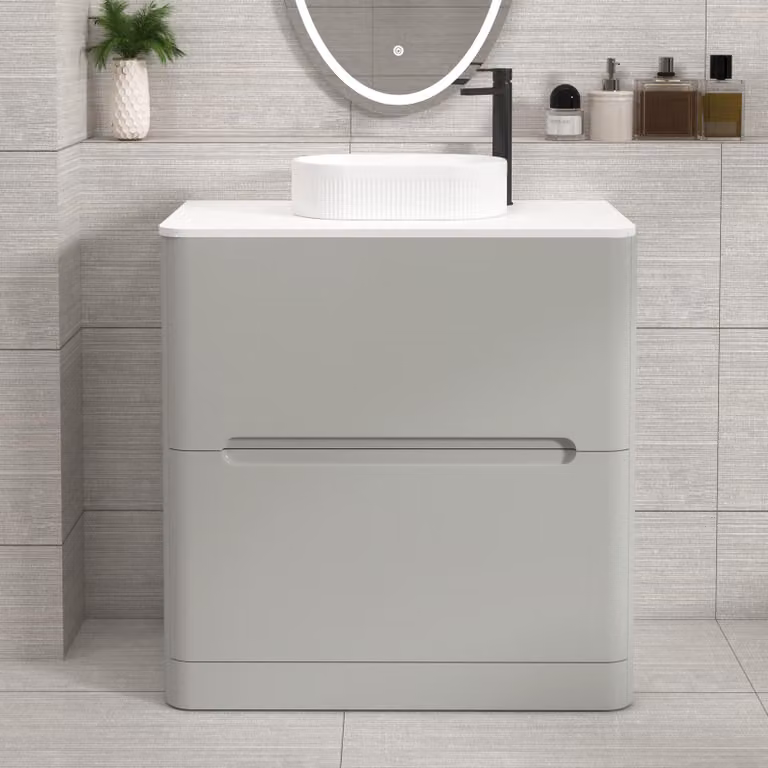 Royal Bathrooms Venice 800mm Floor Standing Vanity Unit in Dove Grey with 2 Drawers, Plain White Worktop and Lyon Basin