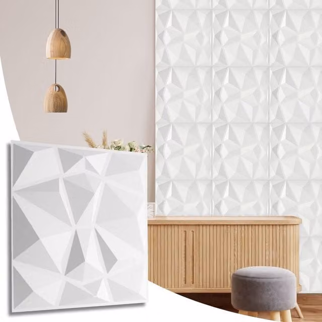 NOVECRAFTO Diamond Design 3D PVC Wall Panels, Matte White, W/D/H: 50 x 50 x 0.25 cm (Pack of 12)