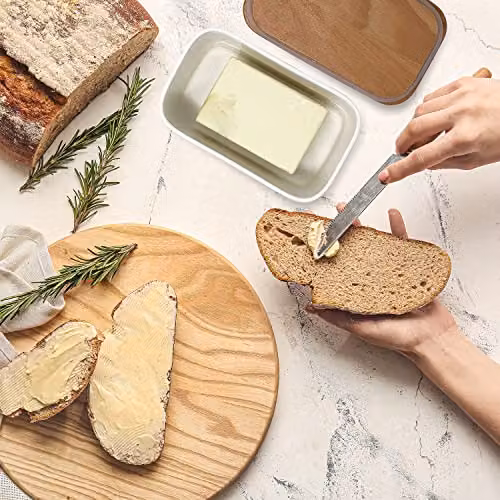 Joeji's Kitchen Airtight Ceramic Butter Dish with Bamboo Lid and Silicone Water Seal in White – 3