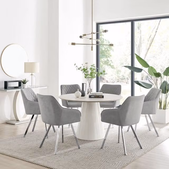 FurnitureboxUK Palma Beige Stone Effect Round Dining Table and 6 Falun Silver Leg Chairs in Light Grey