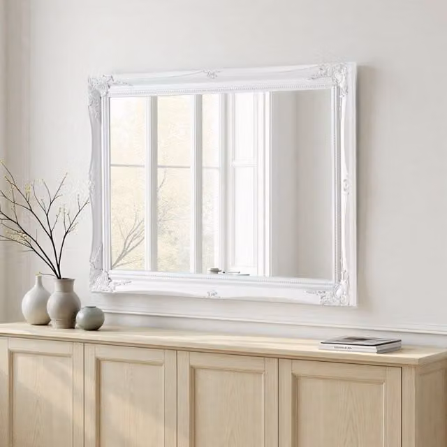 Yearn Classic French Style Carved Rectangular Wood Wall Mirror, White, W: 116 cm, H: 90 cm