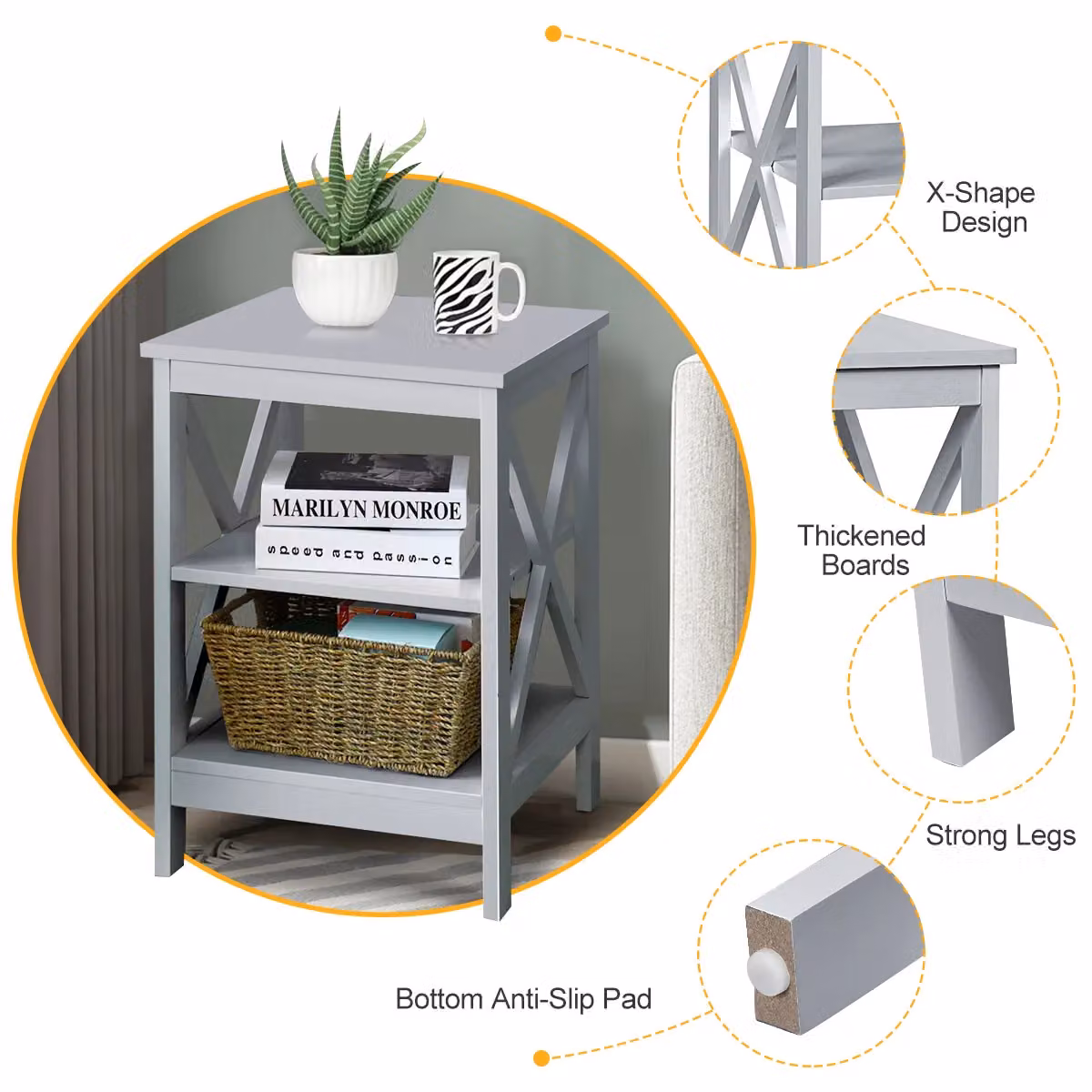 Gymax 3-Tier Side End Table with X-Design in Light Grey – 3