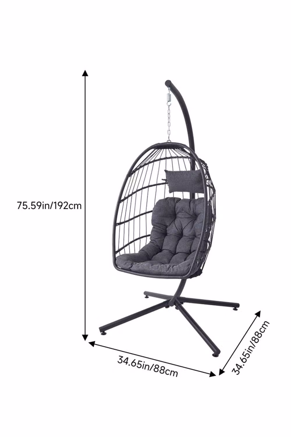 Garden Sanctuary Egg-Shaped Hanging Chair with Soft Cushion and Headrest in Grey – 3