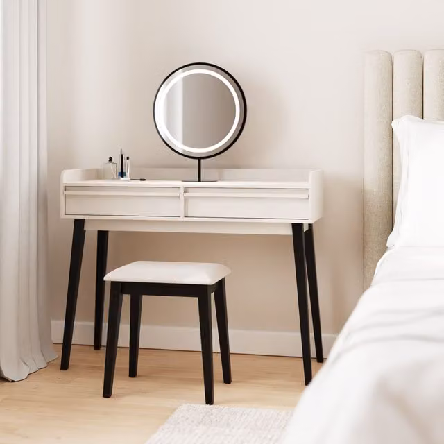 GFW Phoebe Dressing Table with LED Mirror and Stool in Black, Sand or White – 1