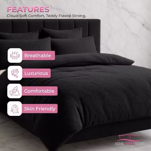 Home Sweet Home UK Teddy Bear Fleece Duvet Cover and Pillowcase Set, Black, W/D/H: 180 x 200 cm – 5