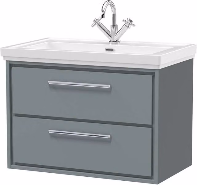 Balterley Modern Wall Hung 2-Drawer Bathroom Vanity with Fireclay Basin, Grey, W: 80 cm – 1