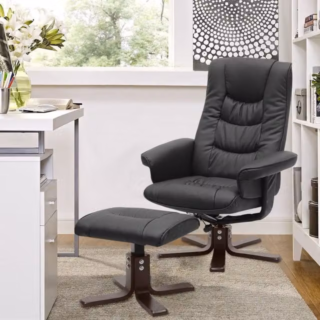 Livingandhome Black PU Leather Swivel Recliner Chair with Footstool