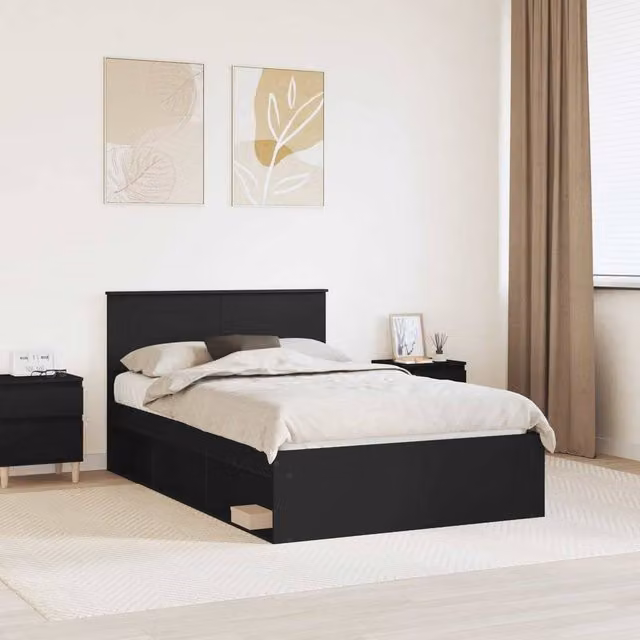 Berkfield Home Black Engineered Wood Bed Frame with Headboard W: 135 cm, L: 190 cm