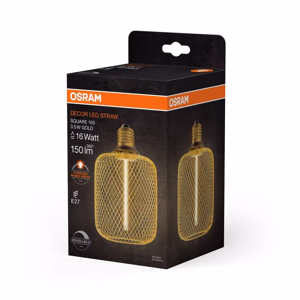 Osram Decor Square LED Lamp with Straw Filament, Warm White 1800 K, 3.5 W, E27, Dimmable, Transparent Gold/Brass, Diameter: 100 mm – 3