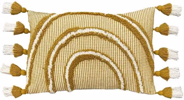 furn Rainbow Tuft Tasselled Cotton Cushion in Yellow, W/D/H: 50 x 30 x 30 cm