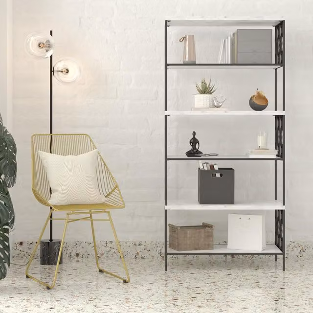 Dorel Home Ella 5 Shelf Bookcase in Black with White Marble Top