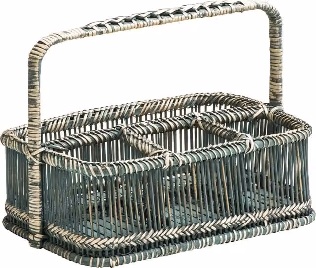 Orsina Rustic Grey Washed Rectangular Rattan and Bamboo Caddy Basket with Handles