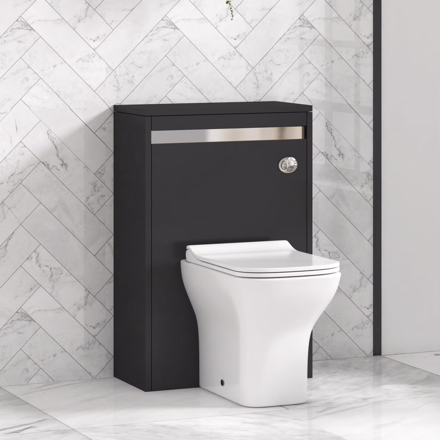 Royal Bathrooms Orion Matt Obsidian Black BTW WC Unit with Qubix Rimless Toilet Pan, Slim Soft Close Seat and Cistern with Chrome Accent Trim, Width: 54 cm