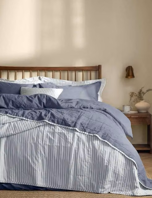 YARD Hebden Blue Marl Striped Reversible Quilted Cotton Bedspread