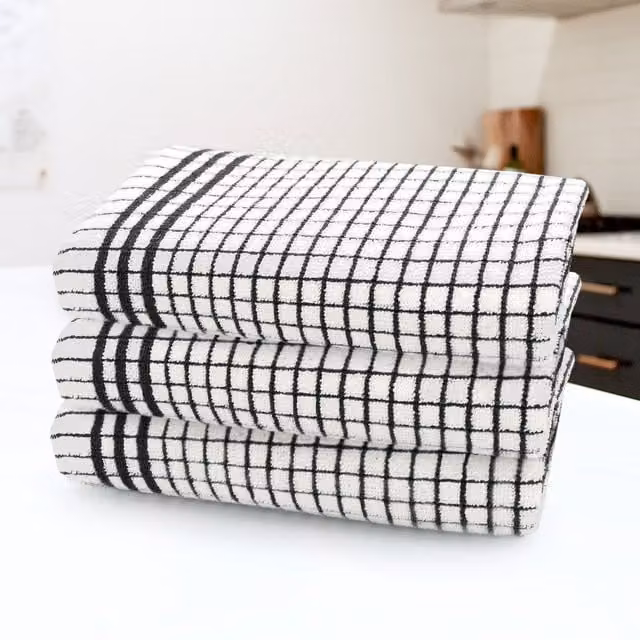 Kitchen Trends Set of 3 Highly Absorbent Striped Cotton Tea Towels in Black