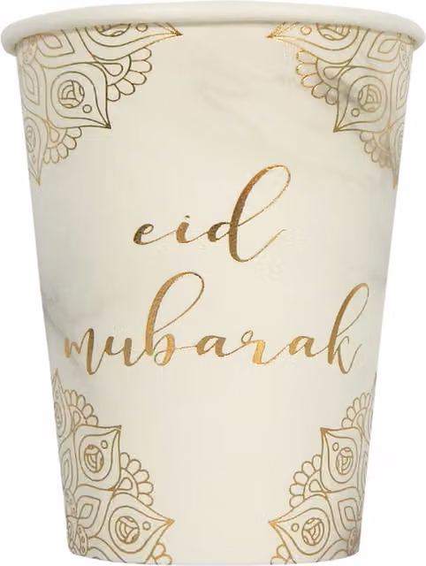 Peacock Supplies Eid Mubarak Paper Cups in White and Gold Marble