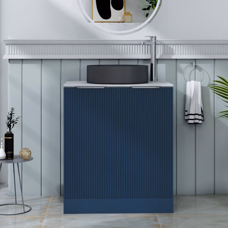 Royal Bathrooms Evora Midnight Blue Fluted Floor Standing Countertop Vanity Unit with Art Deco Round Basin and 2 Soft Close Doors