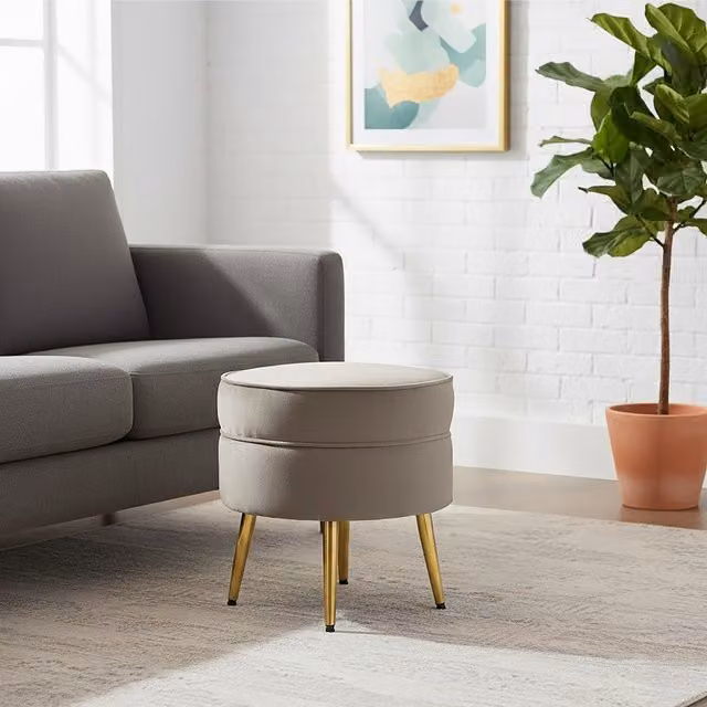 Interiors by Premier Tamra Round Mink Velvet Footstool with Gold Metal Legs in Grey