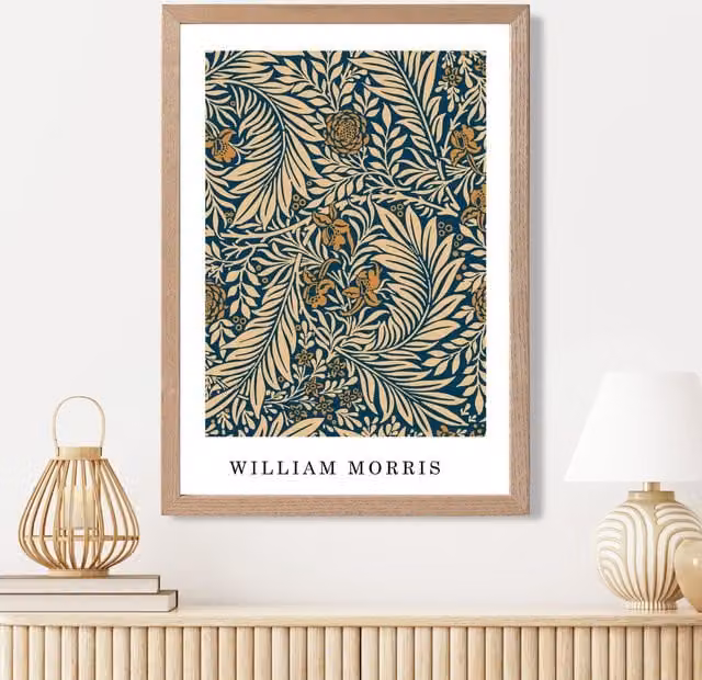 ARTZE Vintage William Morris Larkspur Floral Art Print in Blue and Beige with Oak Wood Frame, A2 – 1