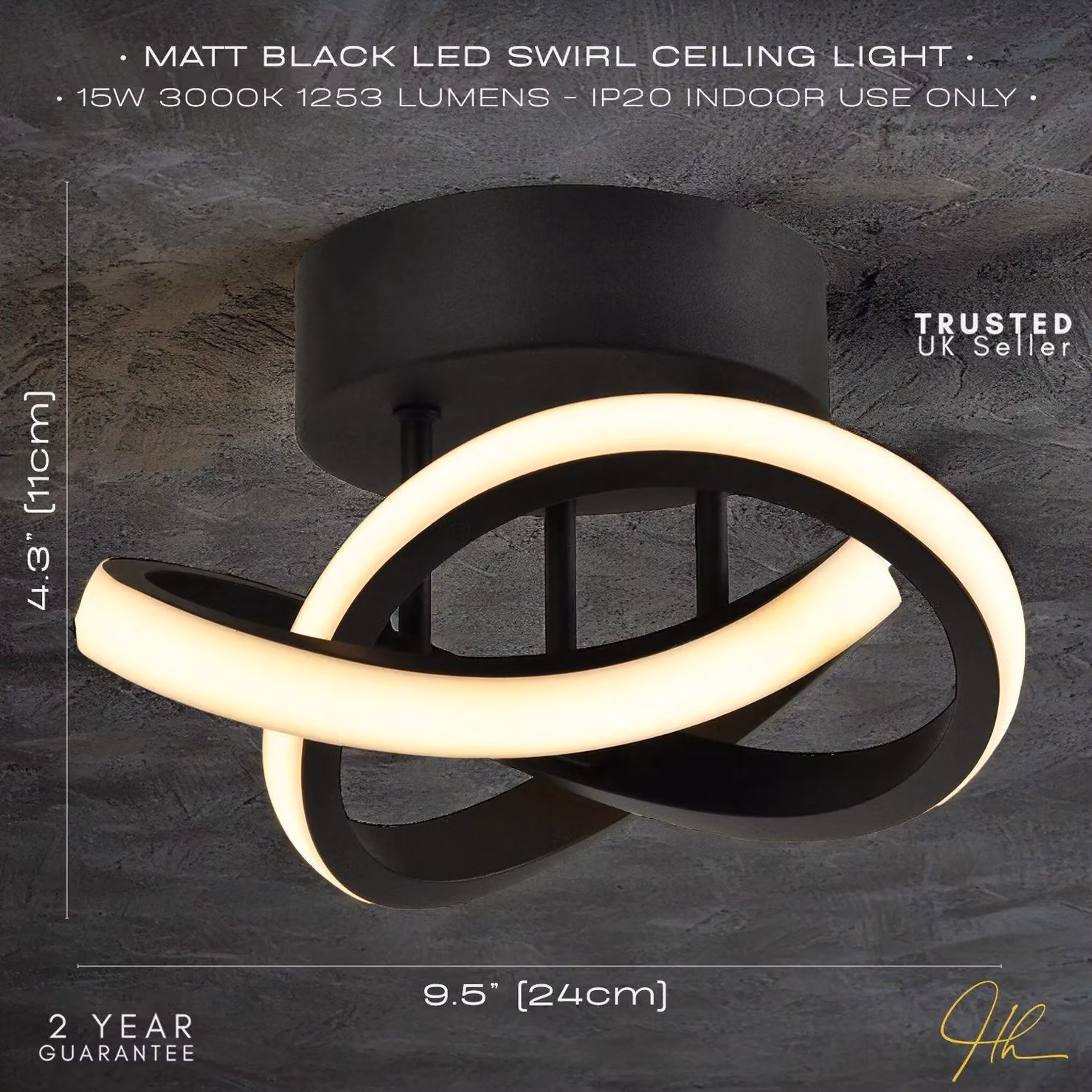 Happy Homewares Modern LED Black Metal Ceiling Light Fitting, 1253 Lumens, Warm White, W/D/H: 24 x 12 x 1 cm – 6